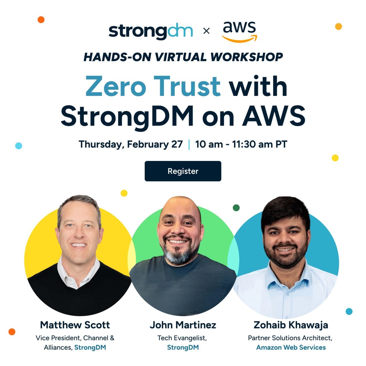 StrongDM and AWS workshop poster featuring Zohaib Khawaja